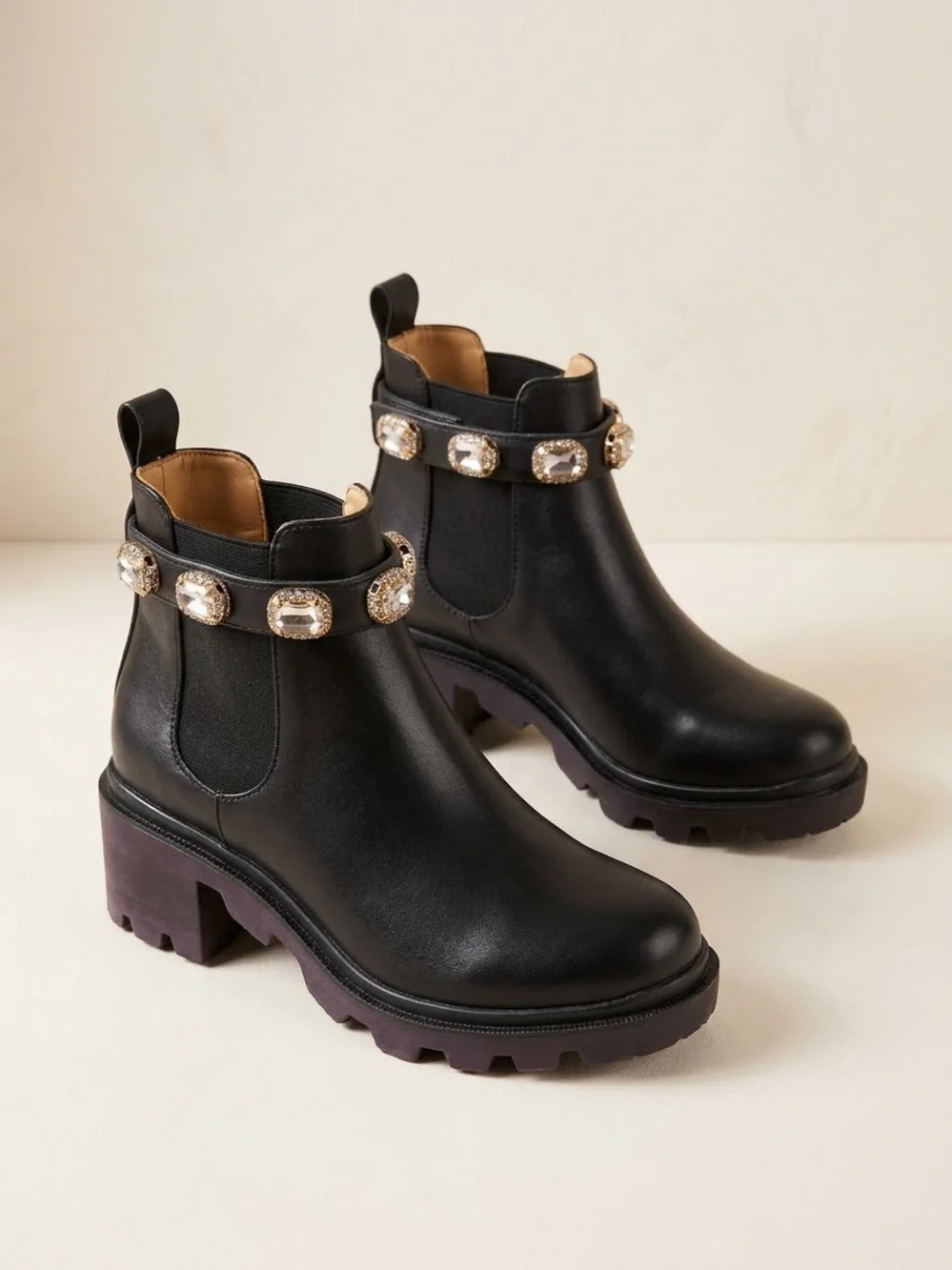 Black Jeweled Chelsea Lug Boot - Women's